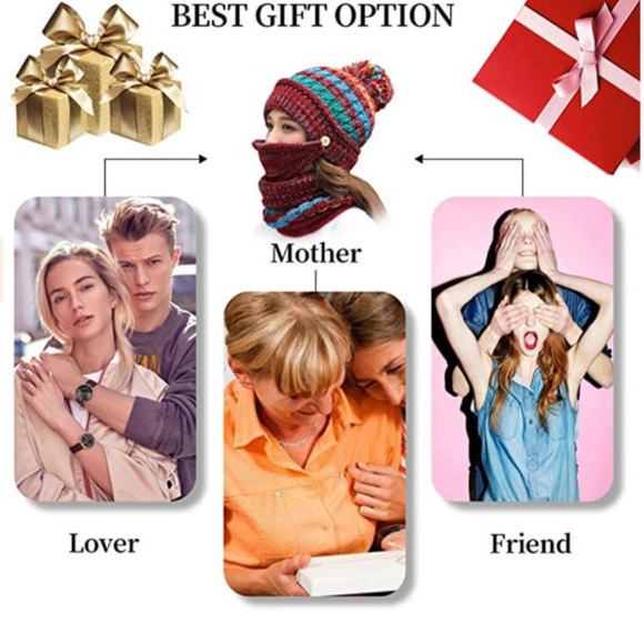 Red Women Winter Pompom Beanie Hat with Fleece Lined Face Mask and Gaiter Scarf - Picture 8 of 11